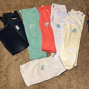 Pants, capri, and a pair of shorts. All colors